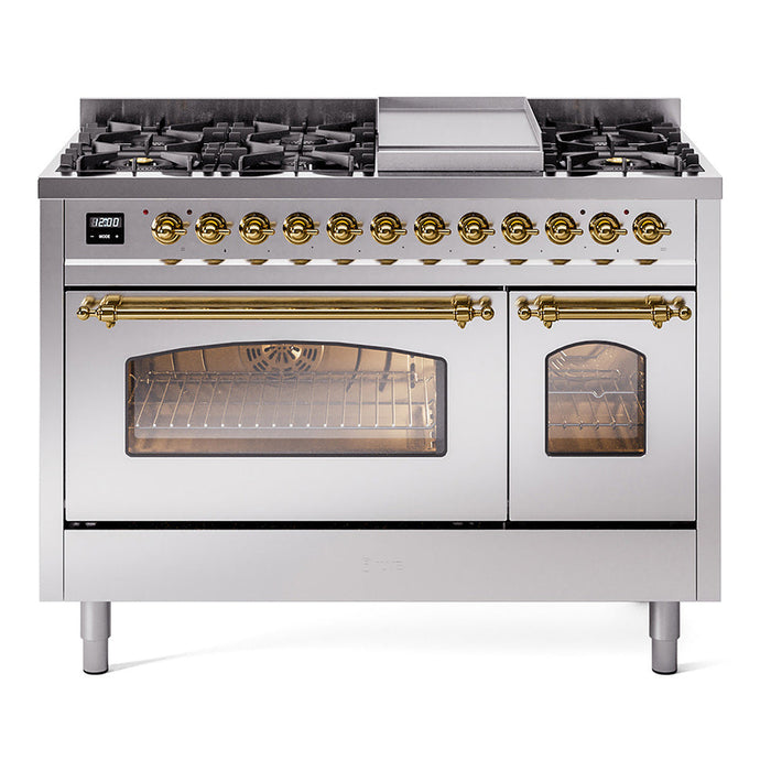 ILVE - Nostalgie II 48 inch Dual Fuel Range (8 Sealed Burners + Griddle, Natural Gas, Triple Glass Door, Antique White, Chrome) -  USA - UP48FNMPAWC