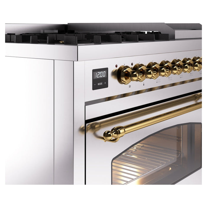 ILVE - Nostalgie II 48 inch Dual Fuel Range (8 Sealed Burners + Griddle, Natural Gas, Triple Glass Door, Stainless Steel, Brass) -  USA - UP48FNMPSSG - IMG125