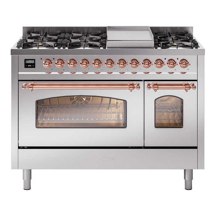ILVE - Nostalgie II 48 inch Dual Fuel Range (8 Sealed Burners + Griddle, Natural Gas, Triple Glass Door, Antique White, Chrome) -  USA - UP48FNMPAWC