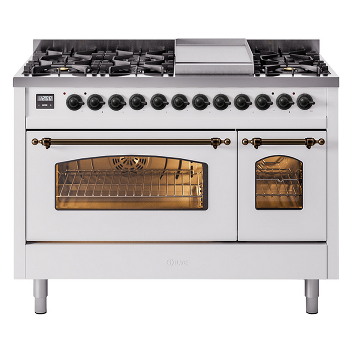 ILVE - Nostalgie II 48 inch Dual Fuel Range (8 Sealed Burners + Griddle, Natural Gas, Triple Glass Door, Antique White, Chrome) -  USA - UP48FNMPAWC