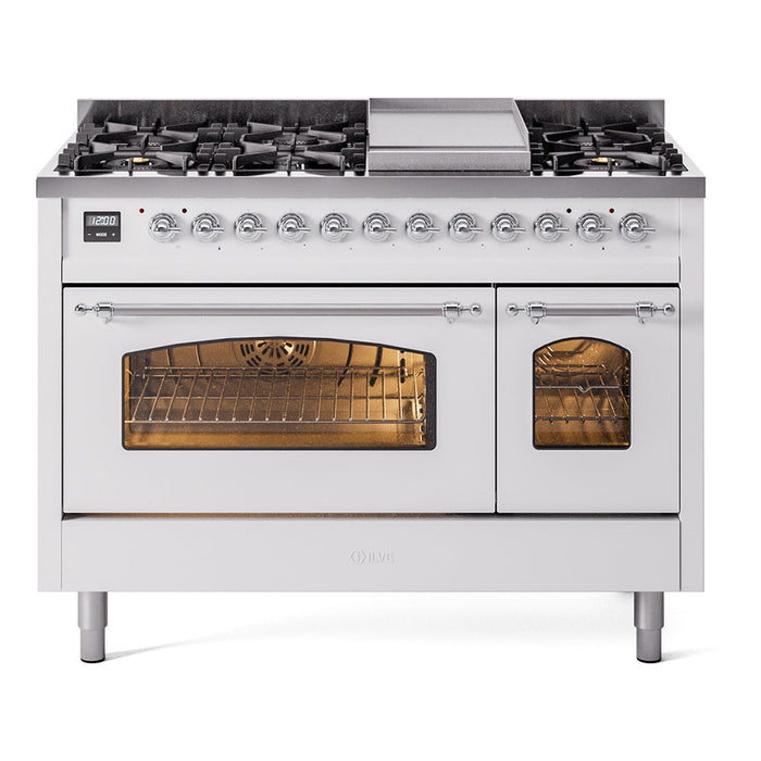 ILVE - Nostalgie II 48 inch Dual Fuel Range (8 Sealed Burners + Griddle, Natural Gas, Triple Glass Door, Antique White, Chrome) -  USA - UP48FNMPAWC