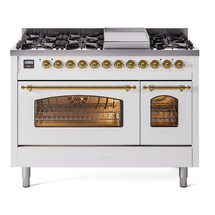 ILVE - Nostalgie II 48 inch Dual Fuel Range (8 Sealed Burners + Griddle, Natural Gas, Triple Glass Door, Antique White, Chrome) -  USA - UP48FNMPAWC