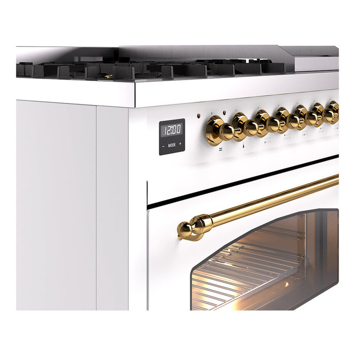 ILVE - Nostalgie II 48 inch Dual Fuel Range (8 Sealed Burners + Griddle, Liquid Propane, Triple Glass Door, White, Brass) -  USA - UP48FNMPWHGLP - IMG3