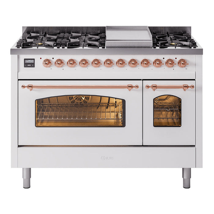 ILVE - Nostalgie II 48 inch Dual Fuel Range (8 Sealed Burners + Griddle, Natural Gas, Triple Glass Door, Antique White, Chrome) -  USA - UP48FNMPAWC