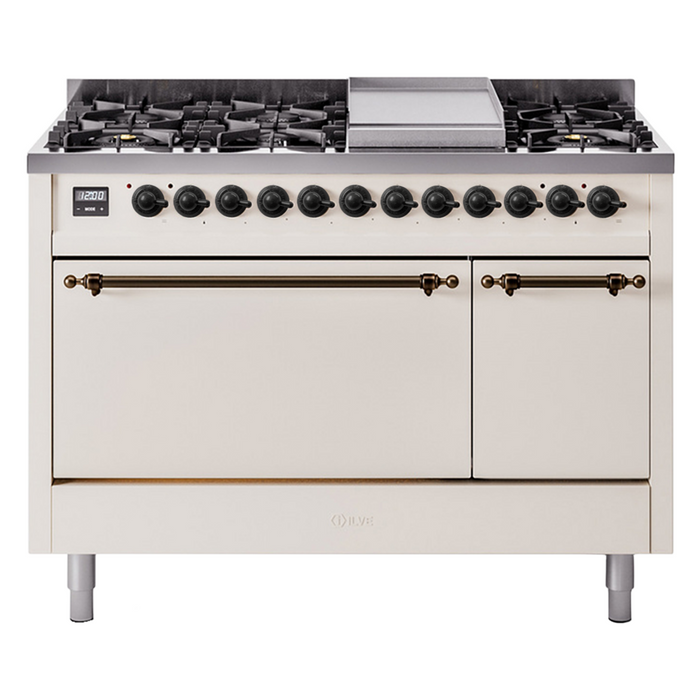 ILVE - Nostalgie II 48 inch Dual Fuel Range (8 Sealed Burners + Griddle, Natural Gas, Triple Glass Door, Antique White, Chrome) -  USA - UP48FNMPAWC