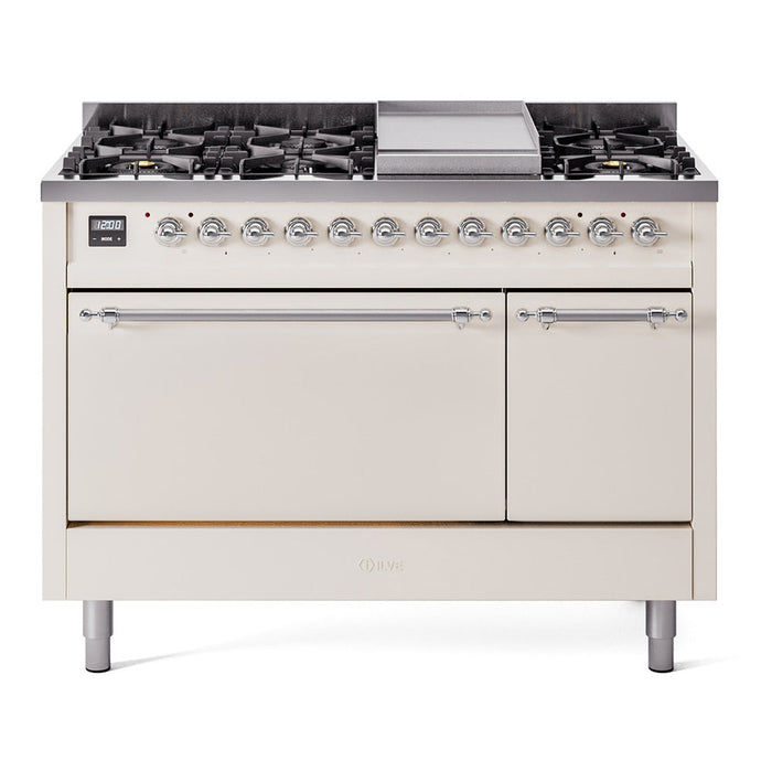 ILVE - Nostalgie II 48 inch Dual Fuel Range (8 Sealed Burners + Griddle, Natural Gas, Triple Glass Door, Antique White, Chrome) -  USA - UP48FNMPAWC