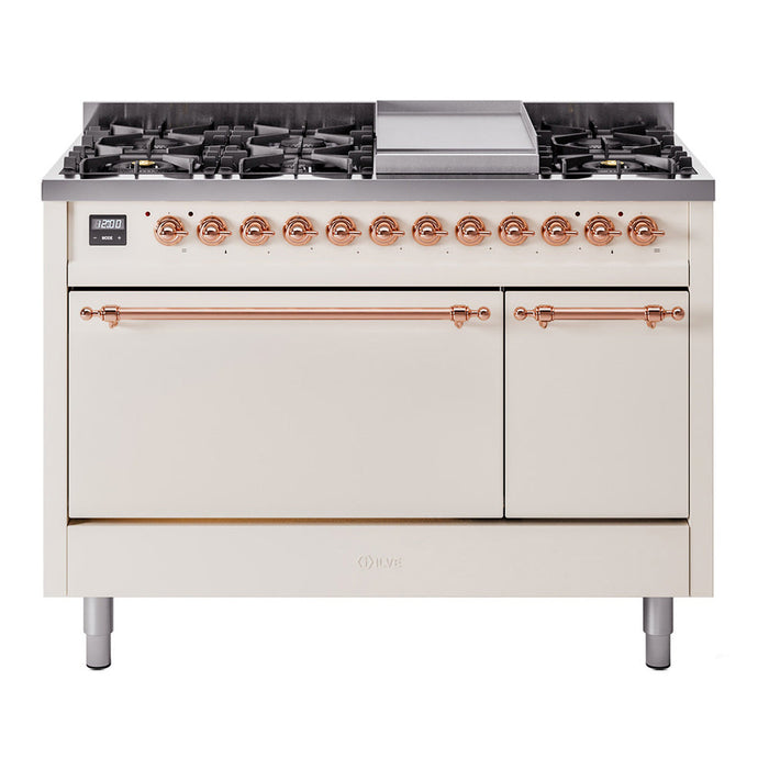 ILVE - Nostalgie II 48 inch Dual Fuel Range (8 Sealed Burners + Griddle, Natural Gas, Triple Glass Door, Antique White, Chrome) -  USA - UP48FNMPAWC