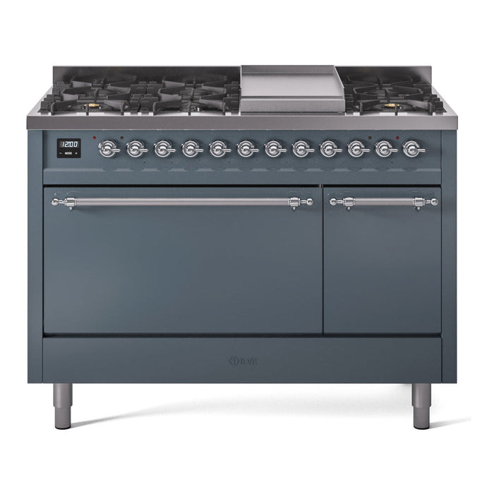 ILVE - Nostalgie II 48 inch Dual Fuel Range (8 Sealed Burners + Griddle, Natural Gas, Triple Glass Door, Antique White, Chrome) -  USA - UP48FNMPAWC