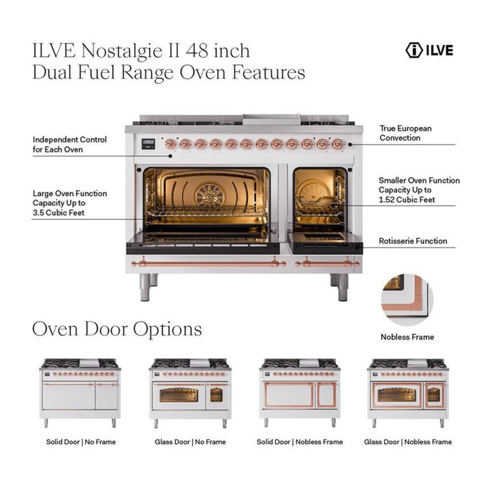 ILVE - Nostalgie II 48 inch Dual Fuel Range (8 Sealed Burners + Griddle, Liquid Propane, Solid Door, Blue Grey, Chrome) -  USA - UP48FQNMPBGCLP - IMG53