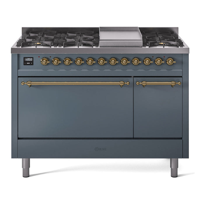 ILVE - Nostalgie II 48 inch Dual Fuel Range (8 Sealed Burners + Griddle, Natural Gas, Triple Glass Door, Antique White, Chrome) -  USA - UP48FNMPAWC