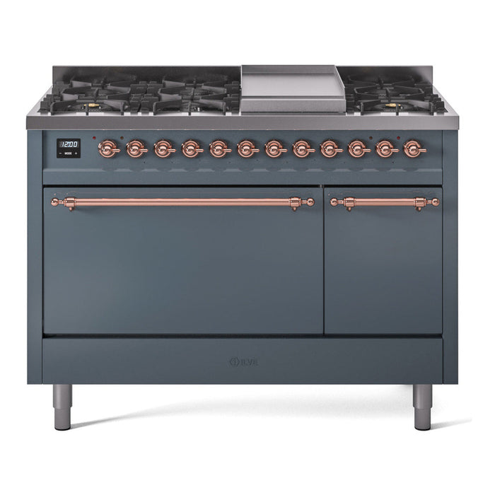 ILVE - Nostalgie II 48 inch Dual Fuel Range (8 Sealed Burners + Griddle, Natural Gas, Triple Glass Door, Antique White, Chrome) -  USA - UP48FNMPAWC