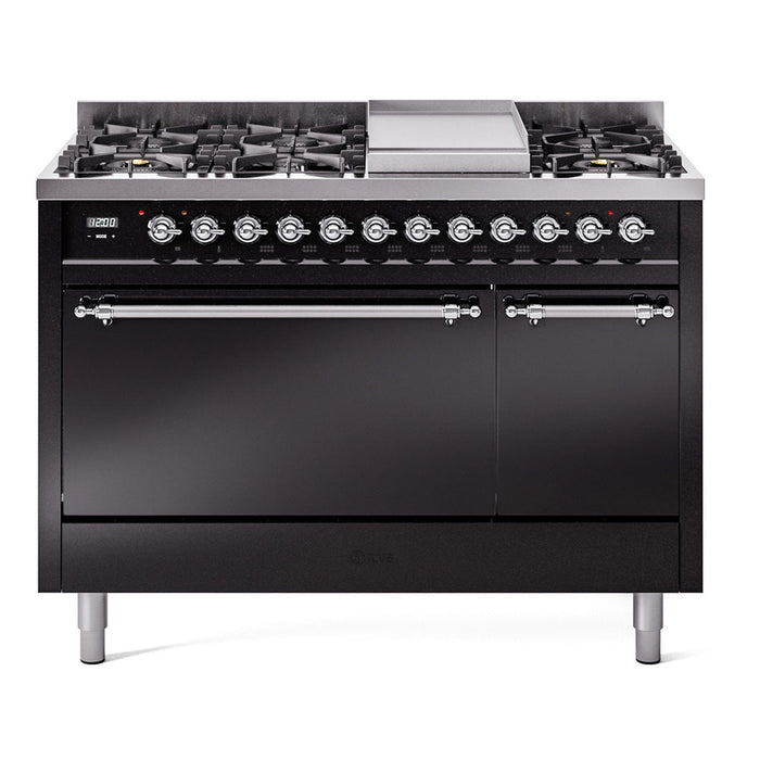 ILVE - Nostalgie II 48 inch Dual Fuel Range (8 Sealed Burners + Griddle, Natural Gas, Triple Glass Door, Antique White, Chrome) -  USA - UP48FNMPAWC