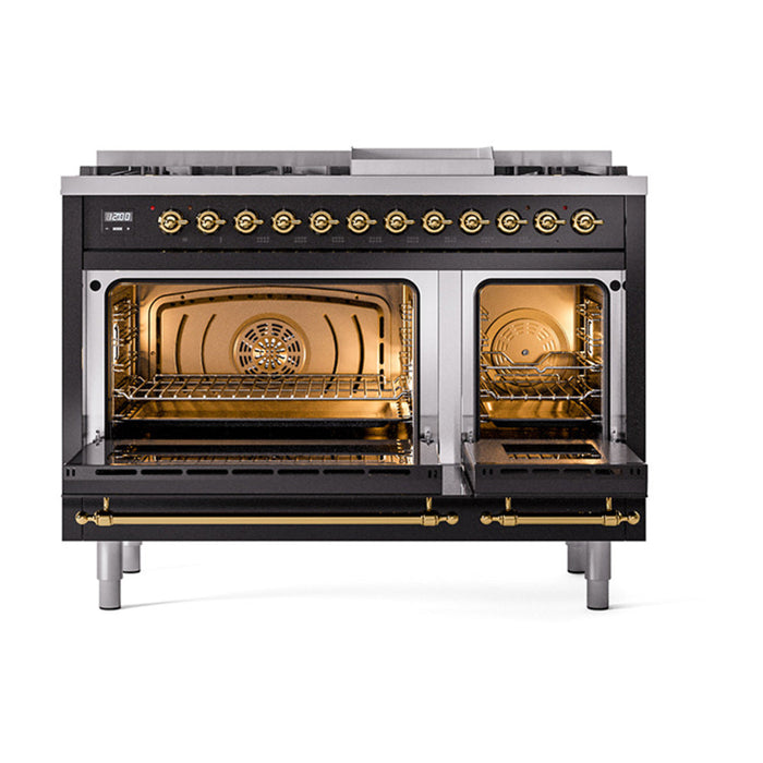 ILVE - Nostalgie II 48 inch Dual Fuel Range (8 Sealed Burners + Griddle, Natural Gas, Solid Door, Glossy Black, Brass) -  USA - UP48FQNMPBKG - IMG111