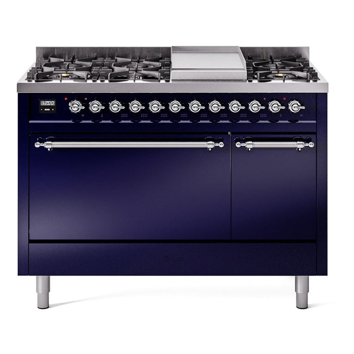 ILVE - Nostalgie II 48 inch Dual Fuel Range (8 Sealed Burners + Griddle, Natural Gas, Solid Door, Midnight Blue, Chrome) -  USA - UP48FQNMPMBC - IMG48