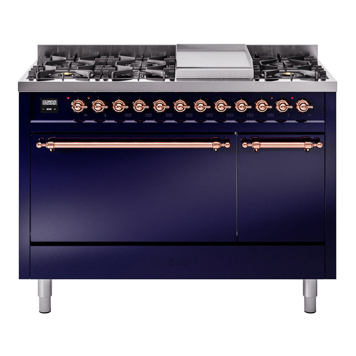 ILVE - Nostalgie II 48 inch Dual Fuel Range (8 Sealed Burners + Griddle, Natural Gas, Solid Door, Midnight Blue, Copper) -  USA - UP48FQNMPMBP - IMG52