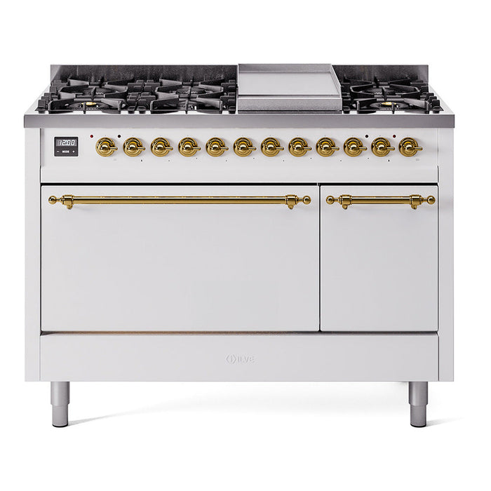 ILVE - Nostalgie II 48 inch Dual Fuel Range (8 Sealed Burners + Griddle, Natural Gas, Solid Door, White, Brass) -  USA - UP48FQNMPWHG - IMG135