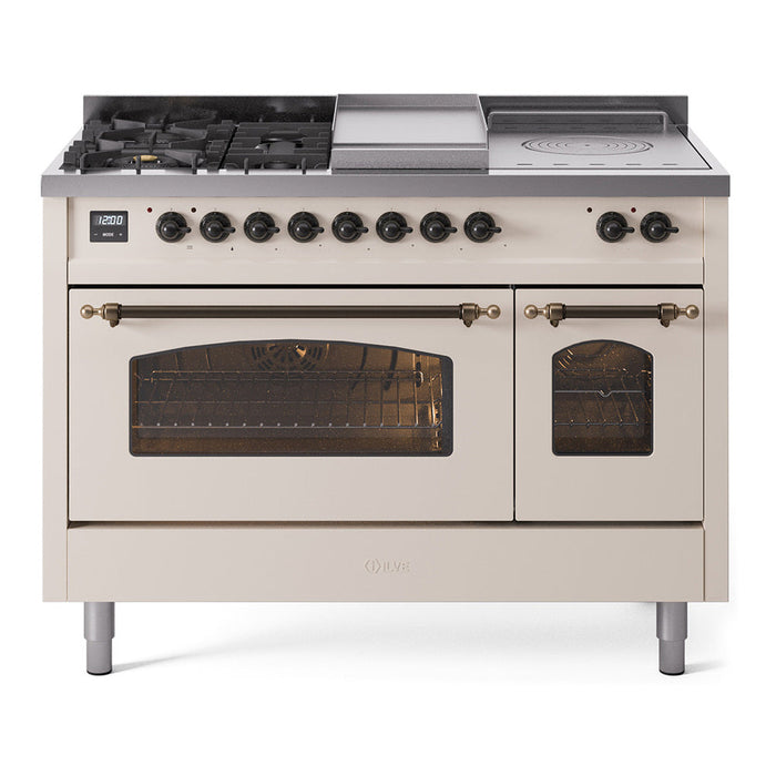 ILVE - Nostalgie II 48 inch Dual Fuel Range (5 Sealed Burners + Griddle + French Top, Natural Gas, Triple Glass Door, Antique White, Burnished) -  USA - UP48FSNMPAWB - IMG20
