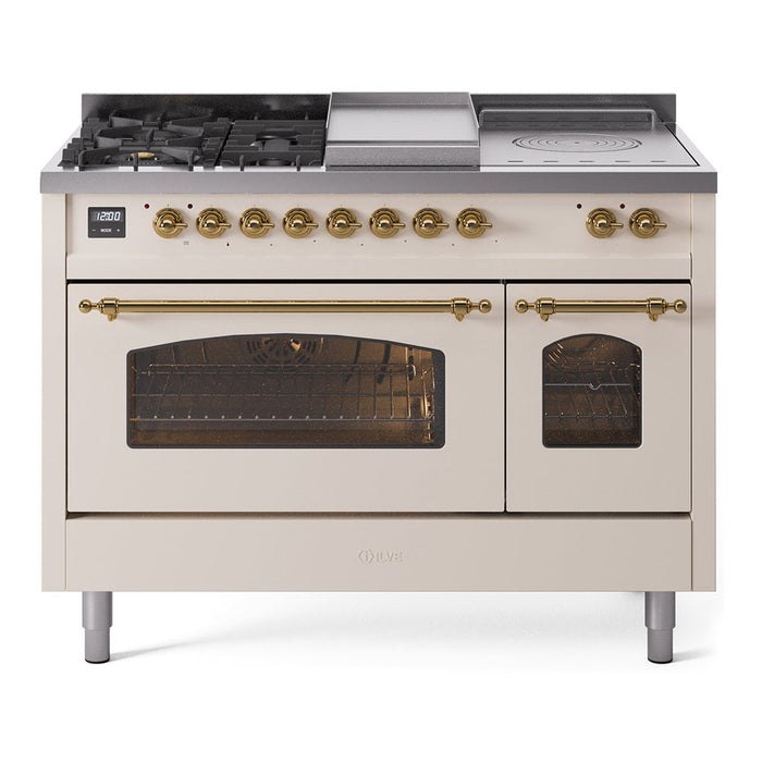 ILVE - Nostalgie II 48 inch Dual Fuel Range (5 Sealed Burners + Griddle + French Top, Natural Gas, Triple Glass Door, Antique White, Brass) -  USA - UP48FSNMPAWG - IMG9
