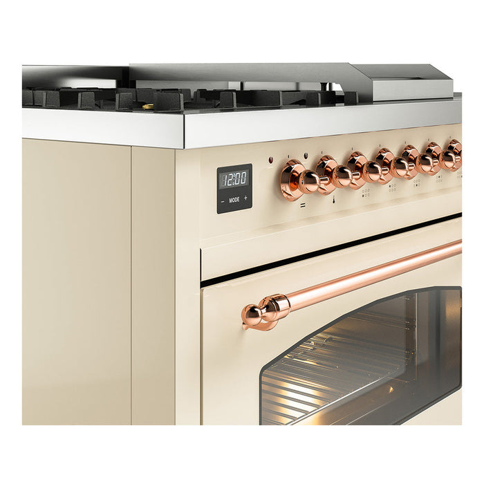 ILVE - Nostalgie II 48 inch Dual Fuel Range (5 Sealed Burners + Griddle + French Top, Liquid Propane, Triple Glass Door, Antique White, Copper) -  USA - UP48FSNMPAWPLP - IMG7