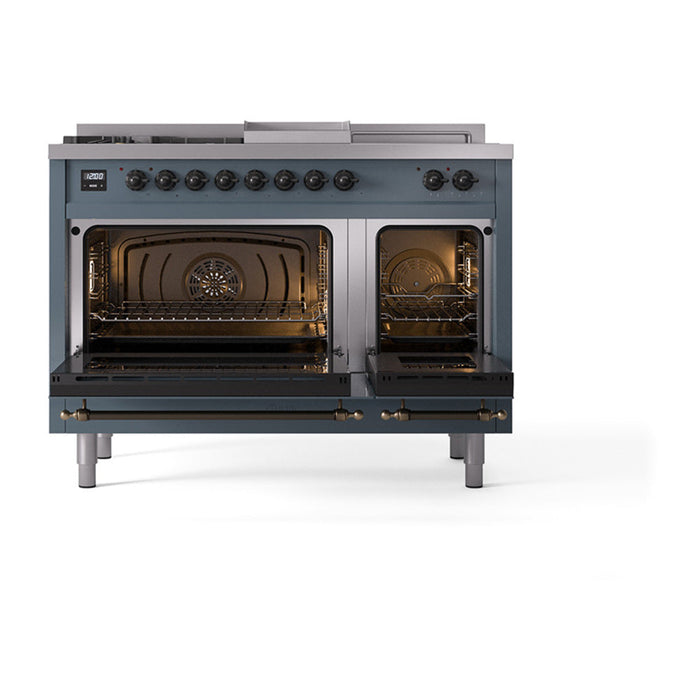 ILVE - Nostalgie II 48 inch Dual Fuel Range (5 Sealed Burners + Griddle + French Top, Natural Gas, Triple Glass Door, Blue Grey, Burnished) -  USA - UP48FSNMPBGB - IMG140