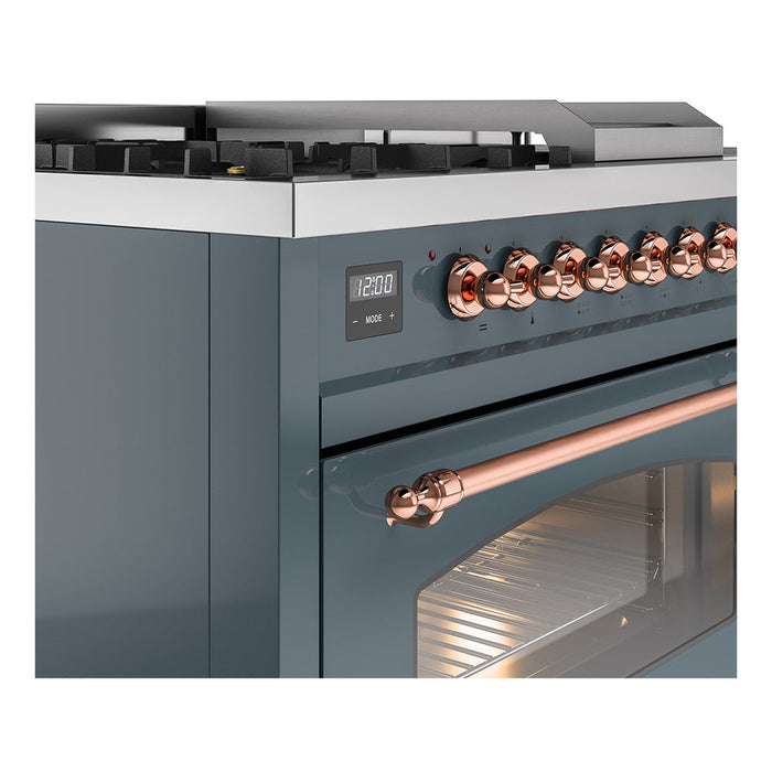 ILVE - Nostalgie II 48 inch Dual Fuel Range (5 Sealed Burners + Griddle + French Top, Liquid Propane, Triple Glass Door, Blue Grey, Copper) -  USA - UP48FSNMPBGPLP - IMG45