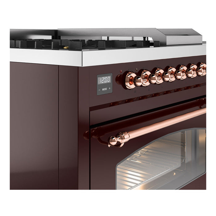 ILVE - Nostalgie II 48 inch Dual Fuel Range (5 Sealed Burners + Griddle + French Top, Liquid Propane, Triple Glass Door, Burgundy, Copper) -  USA - UP48FSNMPBUPLP - IMG147
