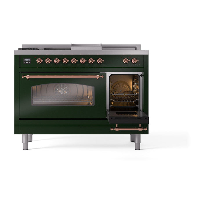 ILVE - Nostalgie II 48 inch Dual Fuel Range (5 Sealed Burners + Griddle + French Top, Liquid Propane, Triple Glass Door, Emerald Green, Copper) -  USA - UP48FSNMPEGPLP - IMG40