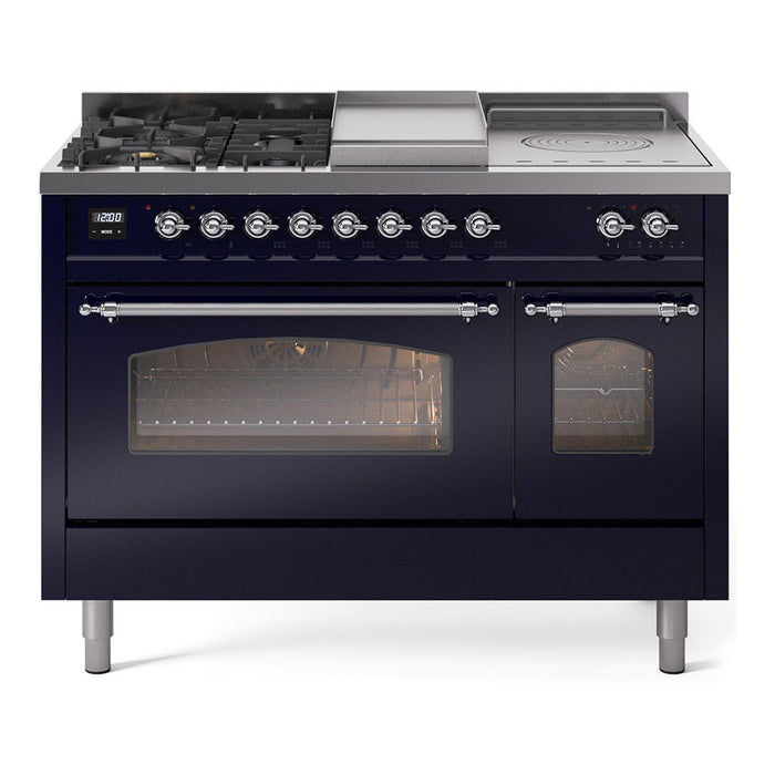 ILVE - Nostalgie II 48 inch Dual Fuel Range (5 Sealed Burners + Griddle + French Top, Liquid Propane, Triple Glass Door, Midnight Blue, Chrome) -  USA - UP48FSNMPMBCLP - IMG104