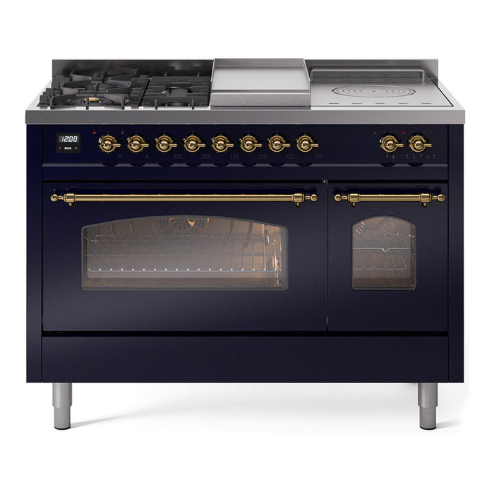 ILVE - Nostalgie II 48 inch Dual Fuel Range (5 Sealed Burners + Griddle + French Top, Natural Gas, Triple Glass Door, Midnight Blue, Brass) -  USA - UP48FSNMPMBG - IMG150