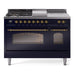 ILVE - Nostalgie II 48 inch Dual Fuel Range (5 Sealed Burners + Griddle + French Top, Natural Gas, Triple Glass Door, Midnight Blue, Brass) -  USA - UP48FSNMPMBG - IMG150
