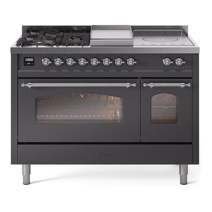 ILVE - Nostalgie II 48 inch Dual Fuel Range (5 Sealed Burners + Griddle + French Top, Natural Gas, Triple Glass Door, Graphite Matte, Chrome) -  USA - UP48FSNMPMGC - IMG107