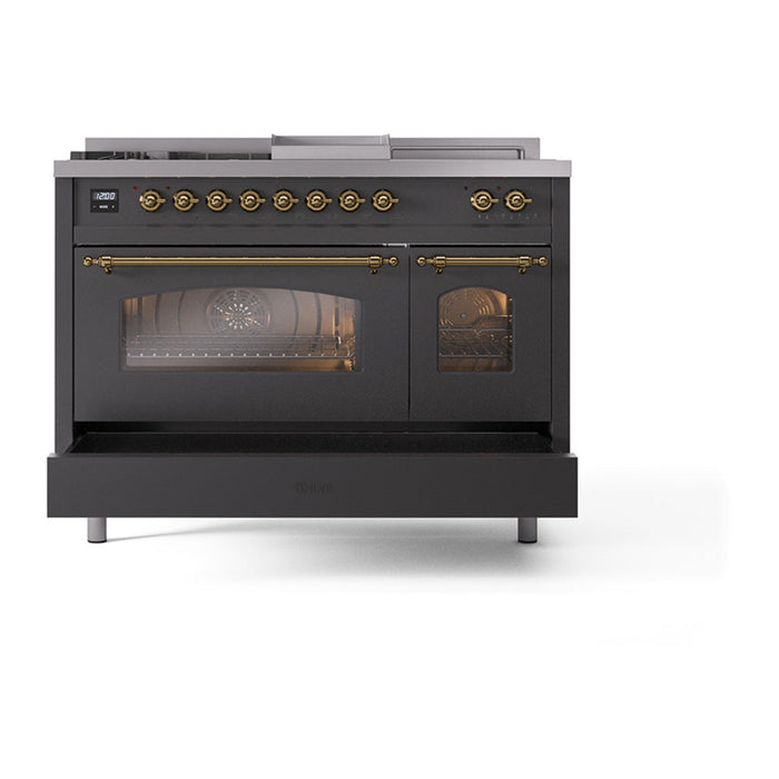 ILVE - Nostalgie II 48 inch Dual Fuel Range (5 Sealed Burners + Griddle + French Top, Natural Gas, Triple Glass Door, Graphite Matte, Brass) -  USA - UP48FSNMPMGG - IMG83