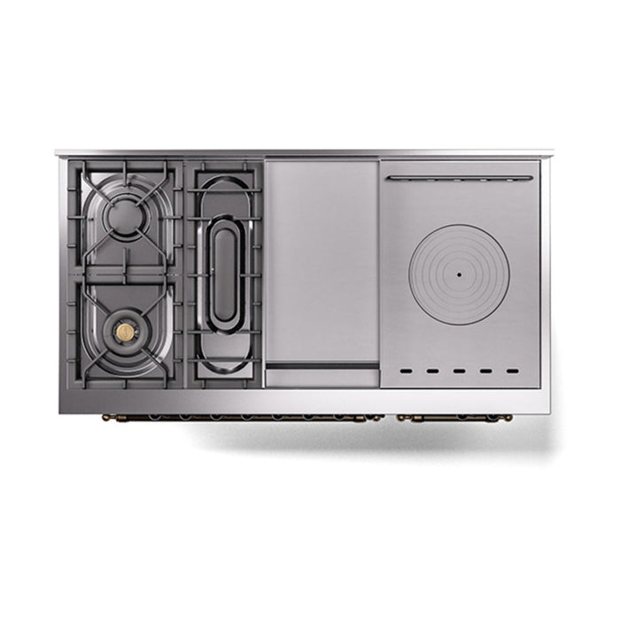 ILVE - Nostalgie II 48 inch Dual Fuel Range (5 Sealed Burners + Griddle + French Top, Liquid Propane, Triple Glass Door, Stainless Steel, Burnished) -  USA - UP48FSNMPSSBLP - IMG23