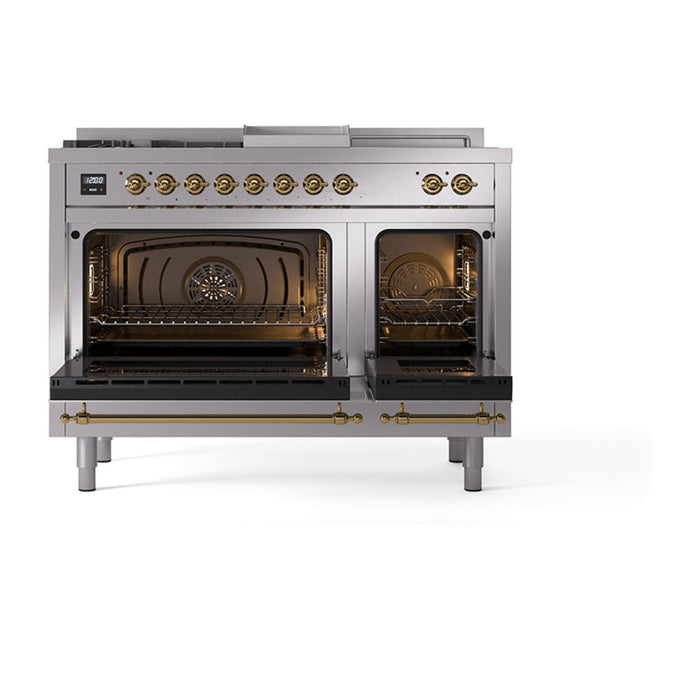 ILVE - Nostalgie II 48 inch Dual Fuel Range (5 Sealed Burners + Griddle + French Top, Natural Gas, Triple Glass Door, Stainless Steel, Brass) -  USA - UP48FSNMPSSG - IMG100