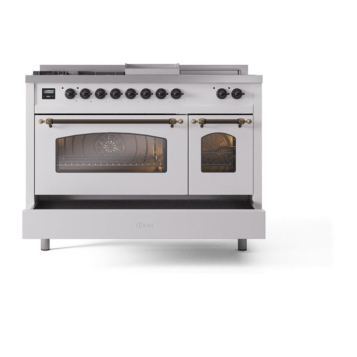 ILVE - Nostalgie II 48 inch Dual Fuel Range (5 Sealed Burners + Griddle + French Top, Liquid Propane, Triple Glass Door, White, Burnished) -  USA - UP48FSNMPWHBLP - IMG28