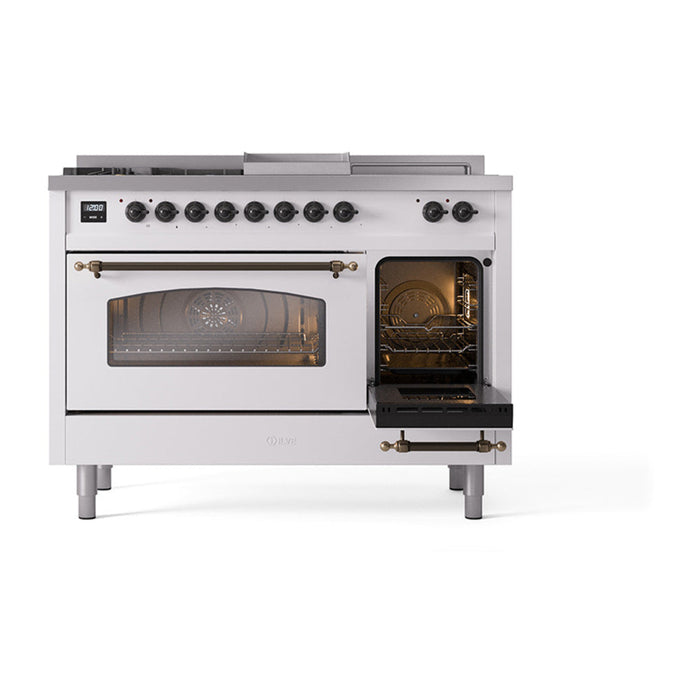 ILVE - Nostalgie II 48 inch Dual Fuel Range (5 Sealed Burners + Griddle + French Top, Natural Gas, Triple Glass Door, White, Burnished) -  USA - UP48FSNMPWHB - IMG15