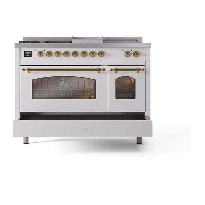 ILVE - Nostalgie II 48 inch Dual Fuel Range (5 Sealed Burners + Griddle + French Top, Liquid Propane, Triple Glass Door, White, Brass) -  USA - UP48FSNMPWHGLP - IMG46