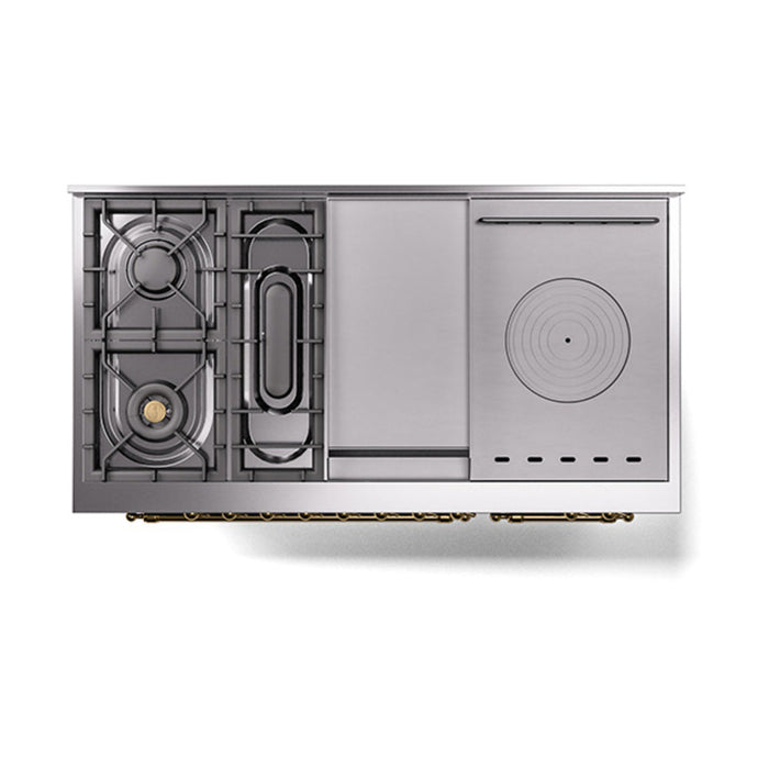 ILVE - Nostalgie II 48 inch Dual Fuel Range (5 Sealed Burners + Griddle + French Top, Liquid Propane, Solid Door, Glossy Black, Brass) -  USA - UP48FSQNMPBKGLP - IMG61