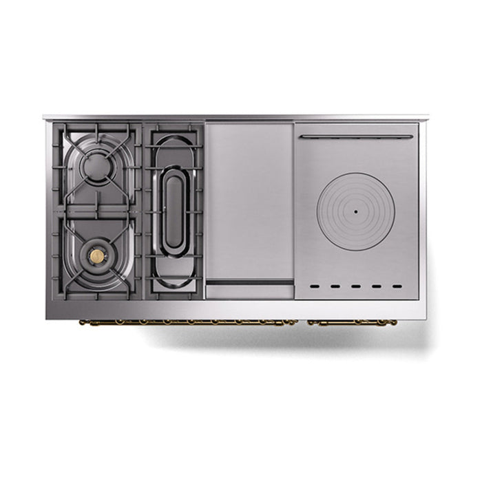 ILVE - Nostalgie II 48 inch Dual Fuel Range (5 Sealed Burners + Griddle + French Top, Liquid Propane, Solid Door, Midnight Blue, Brass) -  USA - UP48FSQNMPMBGLP - IMG116
