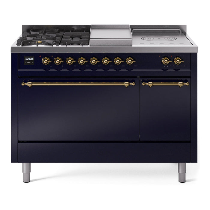 ILVE - Nostalgie II 48 inch Dual Fuel Range (5 Sealed Burners + Griddle + French Top, Natural Gas, Solid Door, Midnight Blue, Brass) -  USA - UP48FSQNMPMBG - IMG26