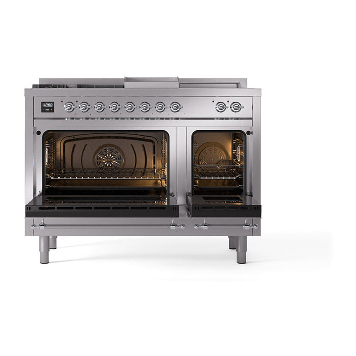 ILVE - Nostalgie II 48 inch Dual Fuel Range (5 Sealed Burners + Griddle + French Top, Natural Gas, Solid Door, Stainless Steel, Chrome) -  USA - UP48FSQNMPSSC - IMG146