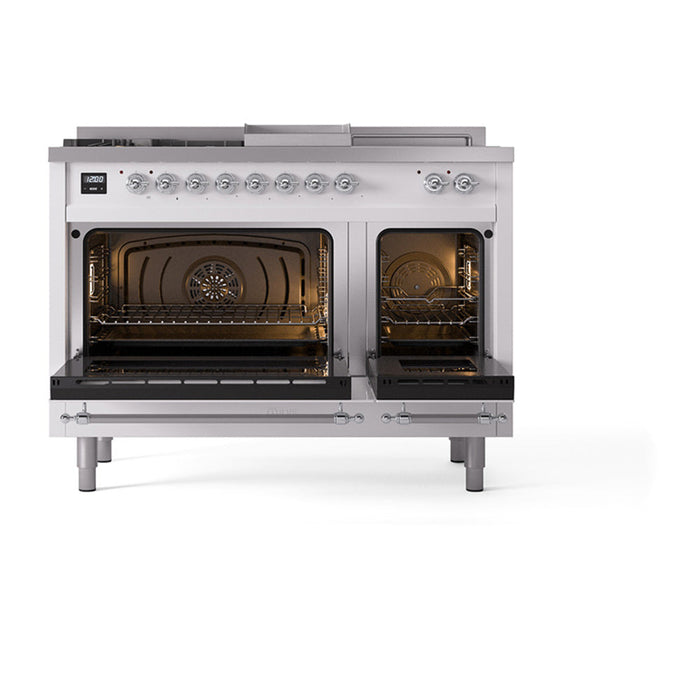 ILVE - Nostalgie II 48 inch Dual Fuel Range (5 Sealed Burners + Griddle + French Top, Liquid Propane, Solid Door, White, Chrome) -  USA - UP48FSQNMPWHCLP - IMG74
