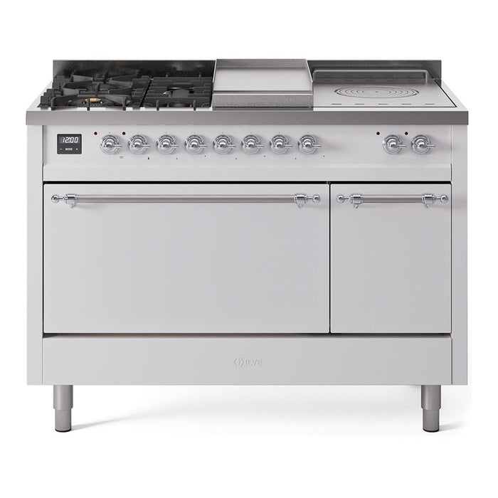 ILVE - Nostalgie II 48 inch Dual Fuel Range (5 Sealed Burners + Griddle + French Top, Liquid Propane, Solid Door, White, Chrome) -  USA - UP48FSQNMPWHCLP - IMG136