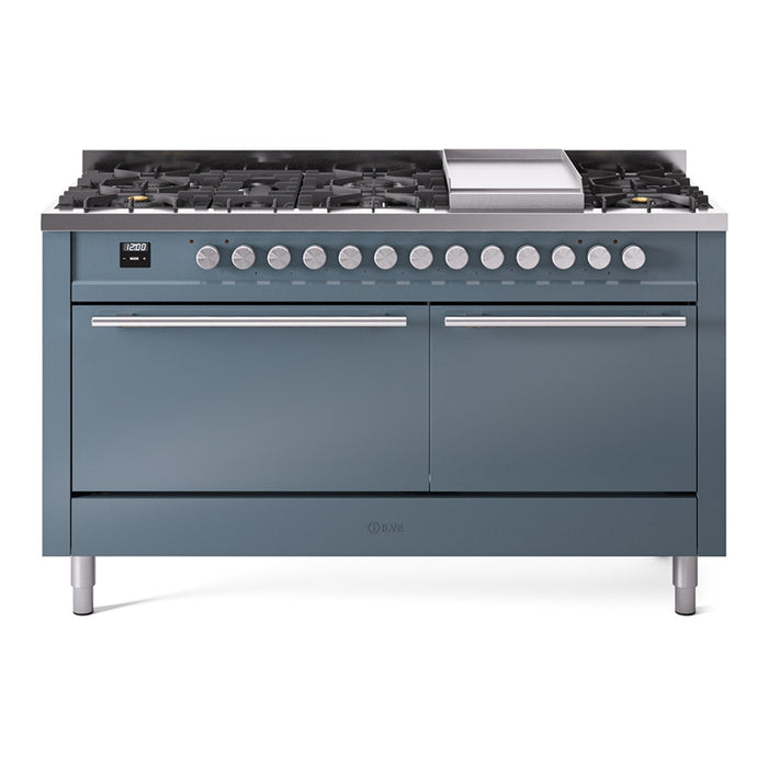 ILVE - Professional Plus II 60 inch Dual Fuel Range (7 Sealed Burners + Griddle + French Top, Natural Gas, Triple Glass Door, Blue Grey) -  USA - UP60FSWMPBG
