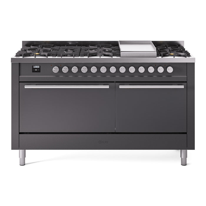 ILVE - Professional Plus II 60 inch Dual Fuel Range (7 Sealed Burners + Griddle + French Top, Natural Gas, Triple Glass Door, Blue Grey) -  USA - UP60FSWMPBG