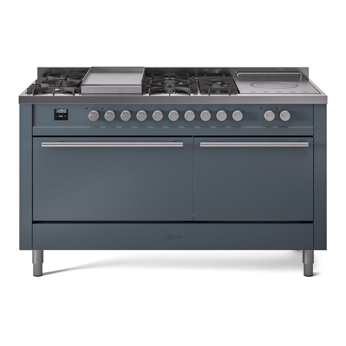 ILVE - Professional Plus II 60 inch Dual Fuel Range (7 Sealed Burners + Griddle + French Top, Natural Gas, Triple Glass Door, Blue Grey) -  USA - UP60FSWMPBG