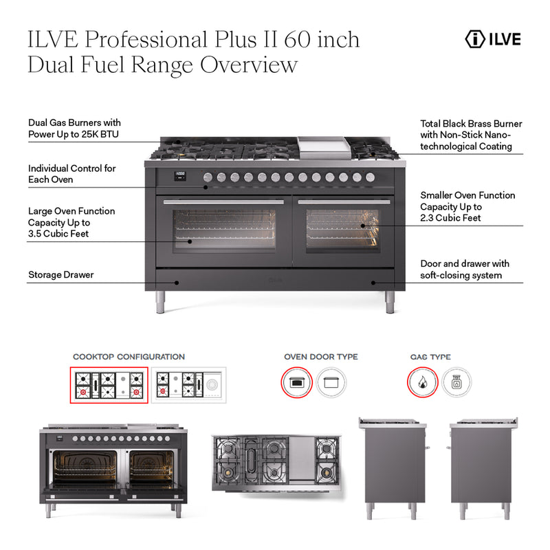 ILVE Professional Plus II 60 inch Dual Fuel Range (Blue Grey / Liquid Propane / 7 Sealed Burners + Griddle + French Top / Solid Door) UP60FSQMPBGLP - IMG118