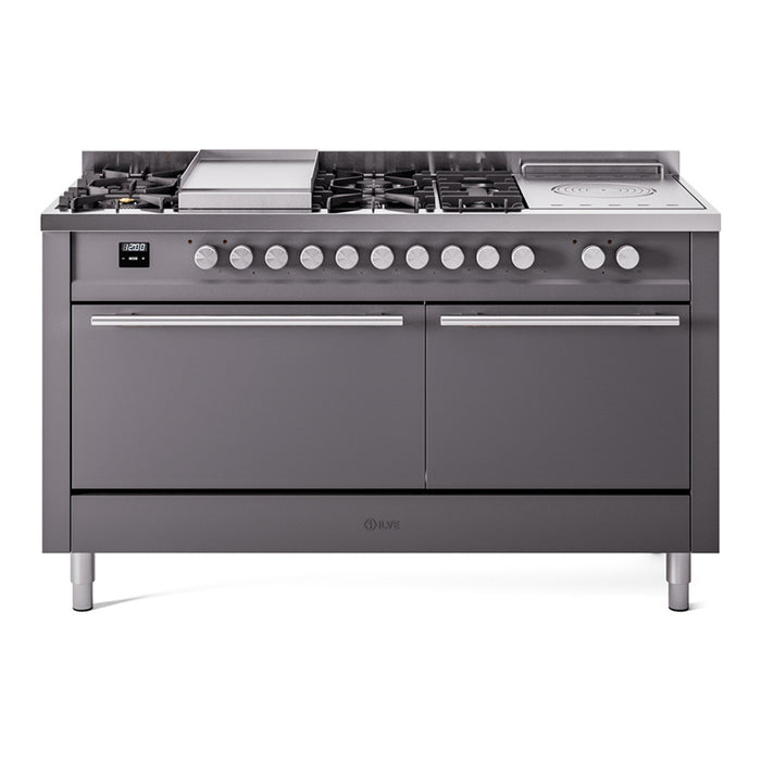 ILVE - Professional Plus II 60 inch Dual Fuel Range (7 Sealed Burners + Griddle + French Top, Natural Gas, Triple Glass Door, Blue Grey) -  USA - UP60FSWMPBG