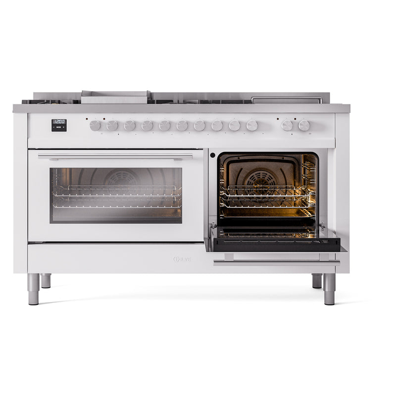 ILVE Professional Plus II 60 inch Dual Fuel Range (White / Natural Gas / 7 Sealed Burners + Griddle + French Top / Solid Door) UP60FSQMPWH - IMG100