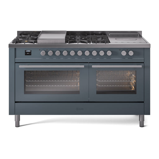 ILVE - Professional Plus II 60 inch Dual Fuel Range (7 Sealed Burners + Griddle + French Top, Natural Gas, Triple Glass Door, Blue Grey) -  USA - UP60FSWMPBG - IMG1